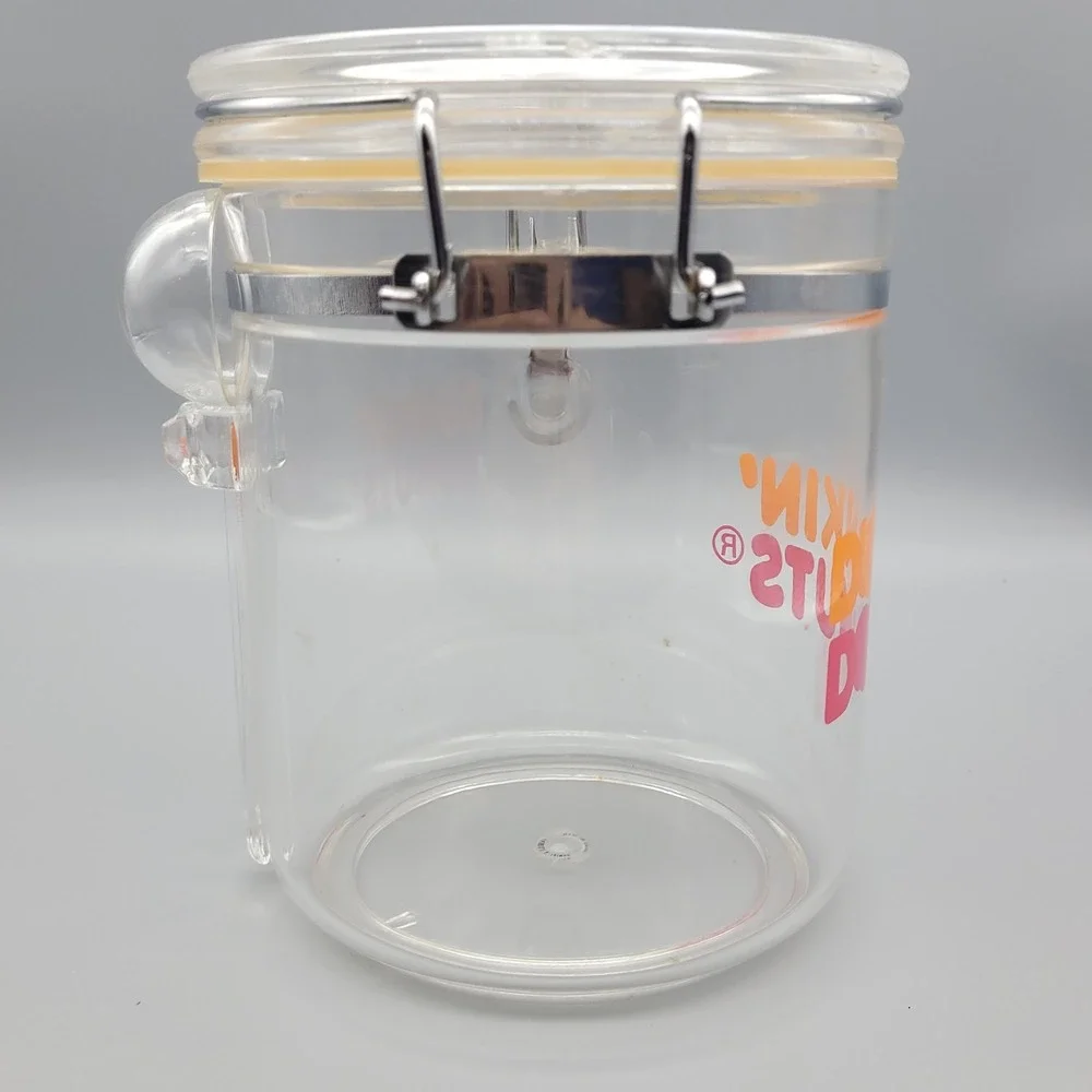 Vintage Dunkin Donuts Clear‎ Coffee Canister w Scoop, Holder, Locking Lid